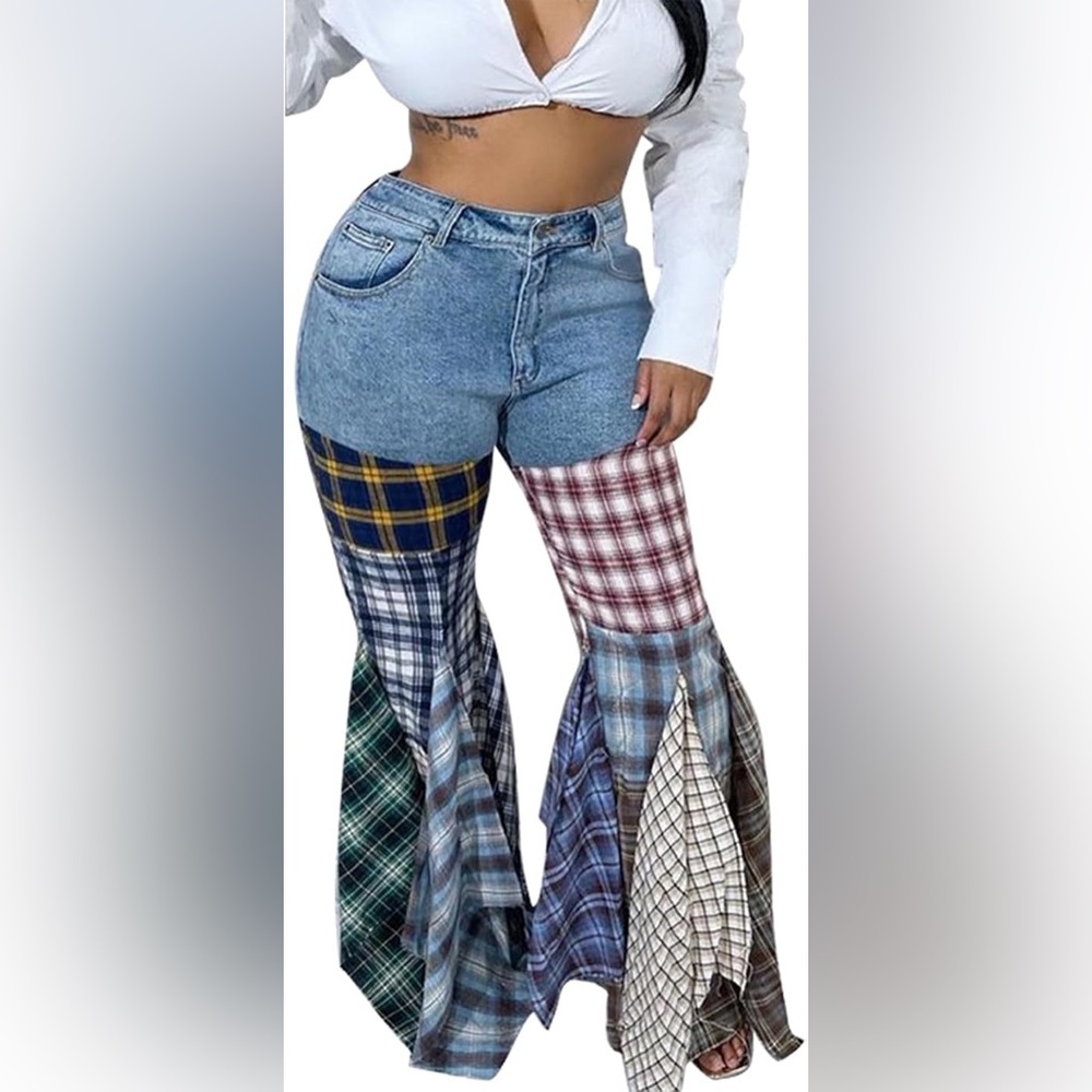 NWT! REHAB LAB Plaid Patchwork Mixed Media Flannel Flare Leg Denim Jeans Pants - Picture 15 of 15